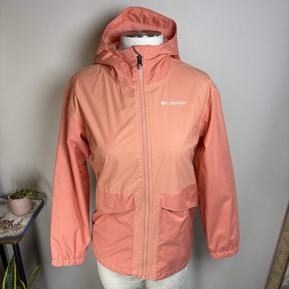 Columbia Girls L 14/16 ~ Coral Peach Rain Jacket Fleece Lined Nylon STAINED